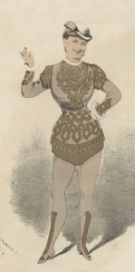 Early male impersonators like Nelly Power, pictured here, wore tights and a curly brimmed bowler hat.