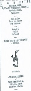 Advert for Rayne's theatrical suppliers